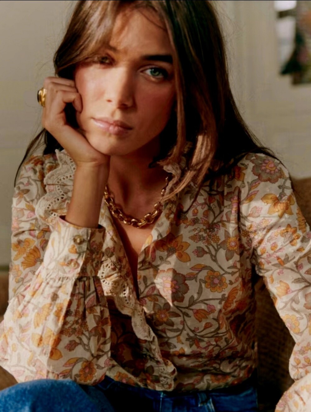 $185 NWT! Sezane Chlo Floral Ivory Pink Yellow Organic Cotton Size 34 US 2 XS S - Picture 2 of 7